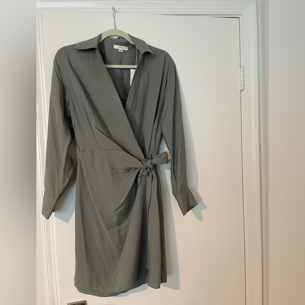 Vince Long Sleeve Wrap Front Dress- light slate